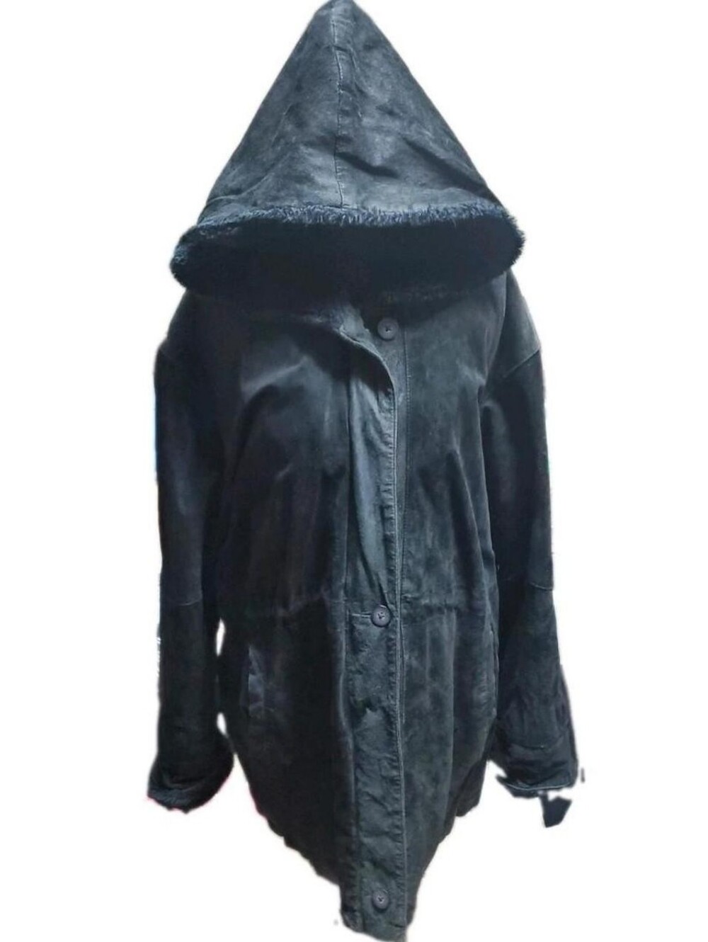 Vtg Suede Jacket Womens Large Black Faux Fur Lining Middlebrook Park Hooded